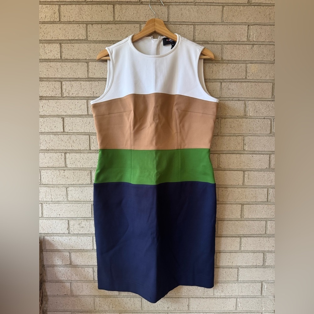 PAULE KA Sleeveless Colorblock Dress 12 Career Professional White Tan Green Navy